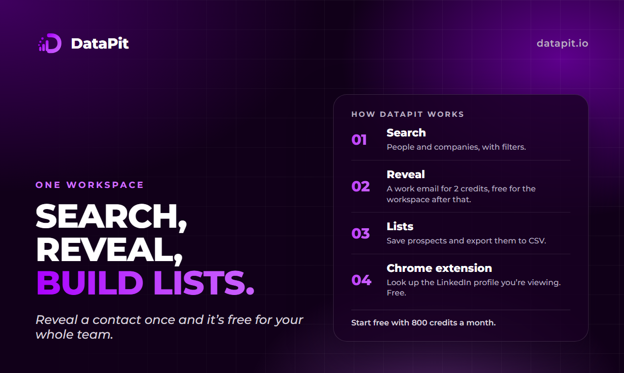 How DataPit works: search people and companies, reveal work emails, build lists and use the Chrome extension.